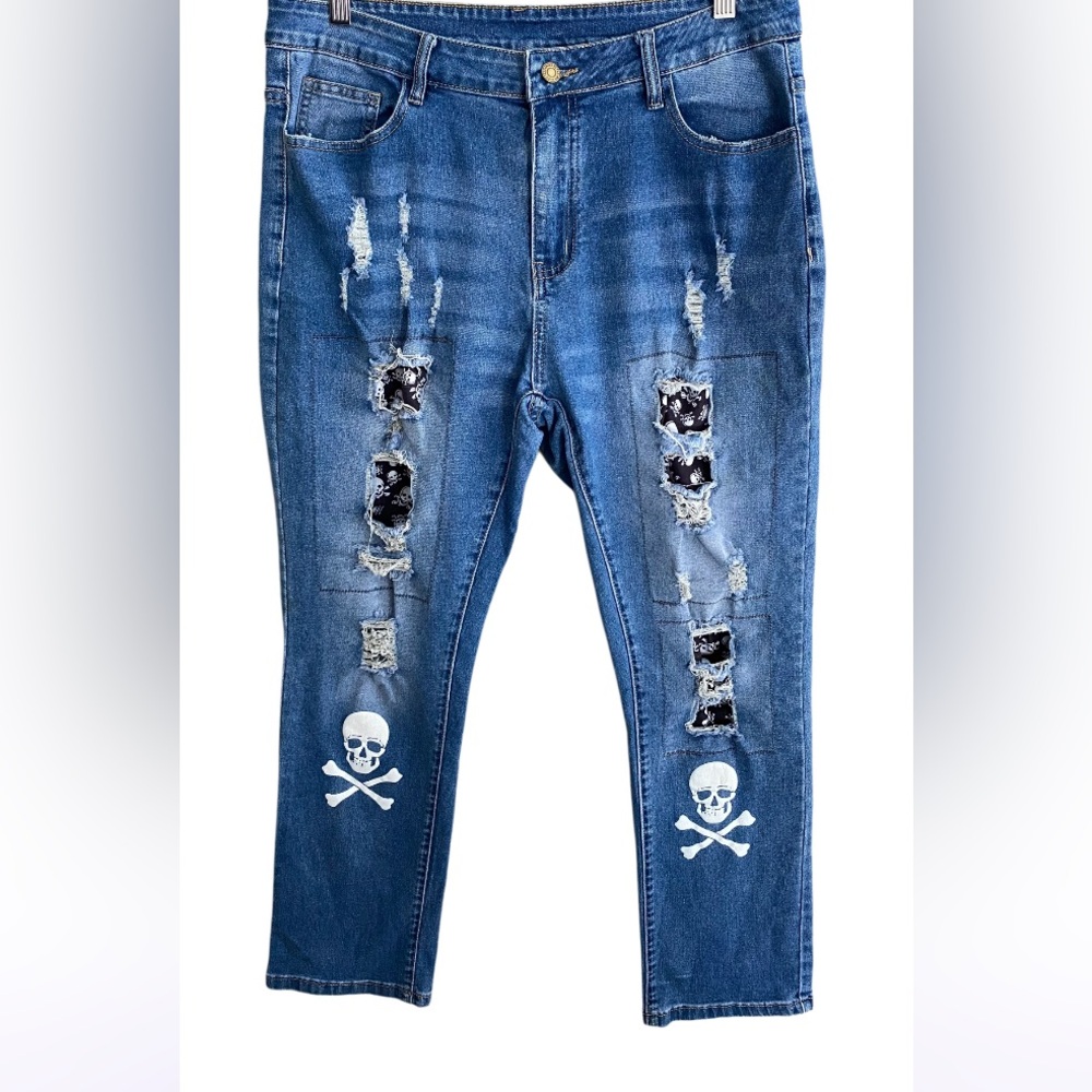 Blue Distressed Denim Skull Jeans
